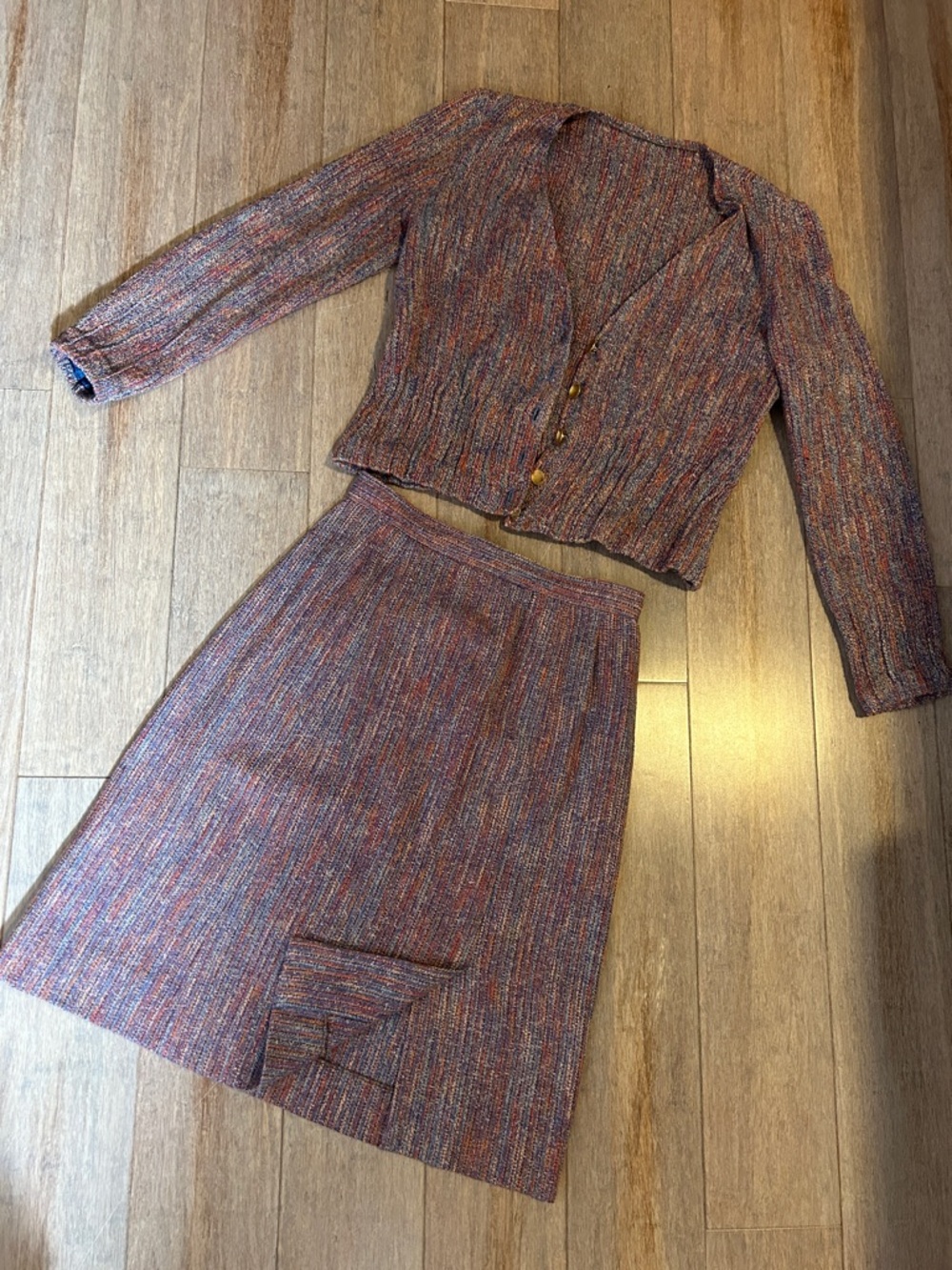 Doncaster Multicolor Tweed Knit with Blue and Coral Threads skirt set S / XS VTG